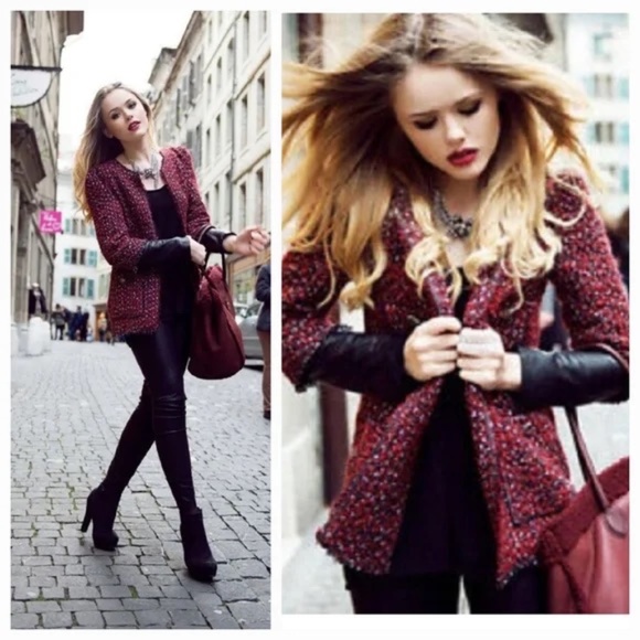 Zara Jackets & Blazers - Zara Red Wool Blend Boucle Tweed Lambskin Leather Sleeve Blazer Jacket Size M